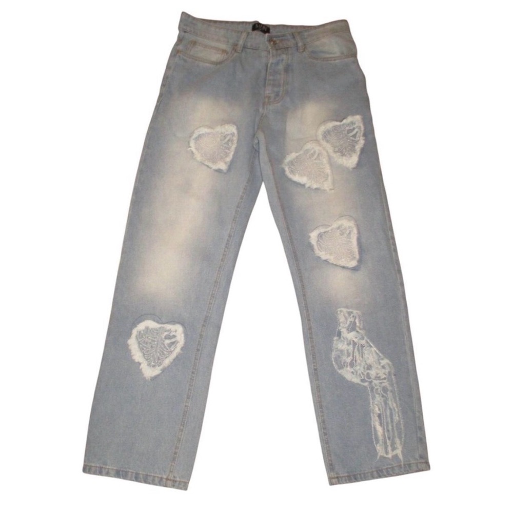 Mens Boohoo Man Jeans Adult 32x32 Baggy Fit Medium Wash Rigid Hearts Skater